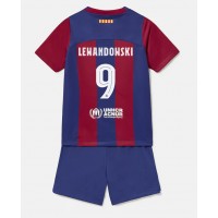 Camisa de Futebol Barcelona Robert Lewandowski #9 Equipamento Principal Infantil 2023-24 Manga Curta (+ Calças curtas)
